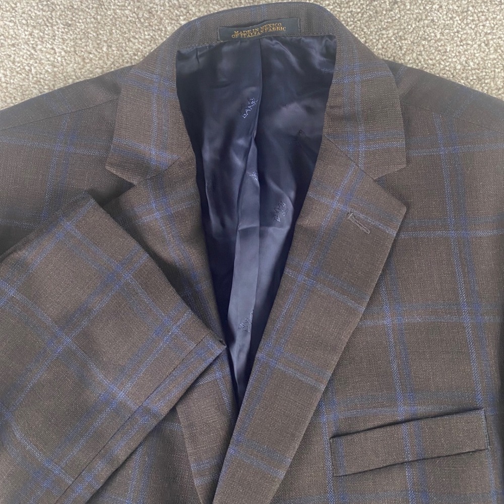 Jos A Bank Reserve 46R Blazer Brown Blue Windowpane E Thomas Super 130s Wool
